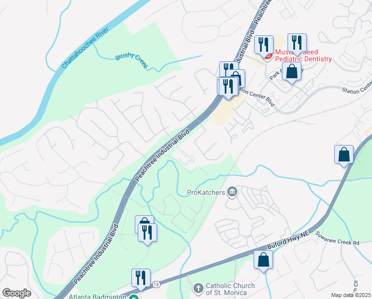 map of restaurants, bars, coffee shops, grocery stores, and more near 1630 Peachtree Industrial Boulevard in Sugar Hill