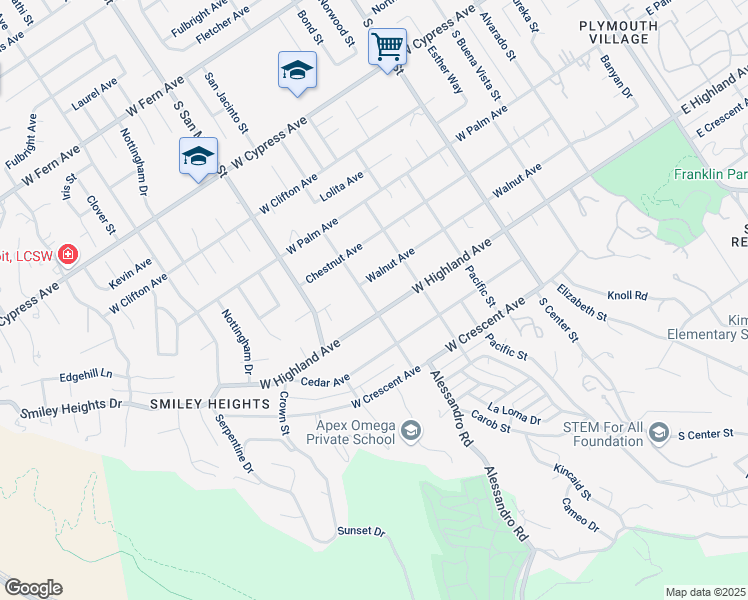 map of restaurants, bars, coffee shops, grocery stores, and more near 1025 San Jacinto Street in Redlands