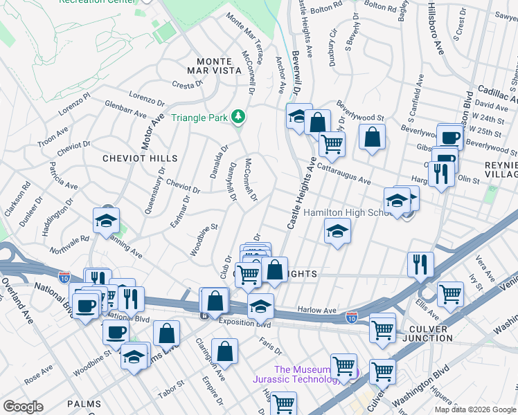 map of restaurants, bars, coffee shops, grocery stores, and more near 3128 Club Drive in Los Angeles