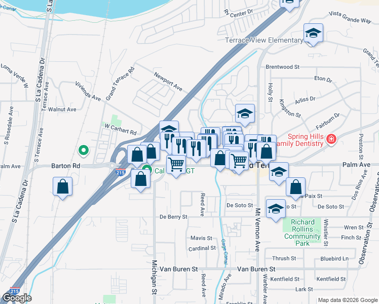 map of restaurants, bars, coffee shops, grocery stores, and more near 22229 McClarren Street in Grand Terrace