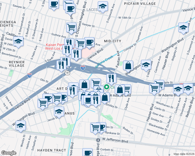 map of restaurants, bars, coffee shops, grocery stores, and more near 5858 David Avenue in Los Angeles