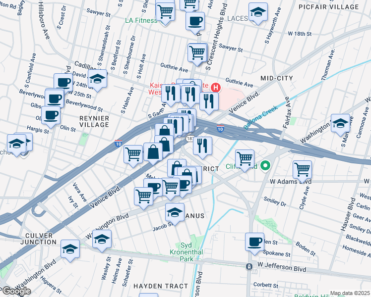 map of restaurants, bars, coffee shops, grocery stores, and more near 6076 Comey Avenue in Los Angeles