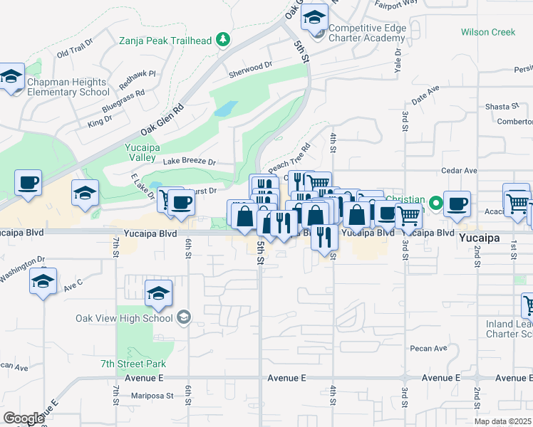 map of restaurants, bars, coffee shops, grocery stores, and more near 12045 5th Street in Yucaipa