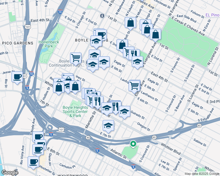 map of restaurants, bars, coffee shops, grocery stores, and more near 2734 East 6th Street in Los Angeles