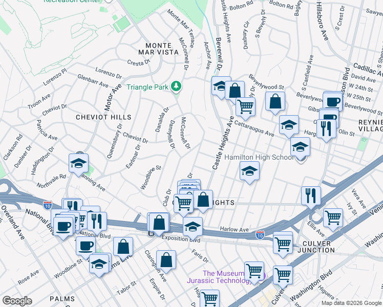 map of restaurants, bars, coffee shops, grocery stores, and more near 3128 Club Drive in Los Angeles