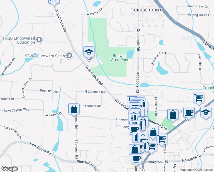 map of restaurants, bars, coffee shops, grocery stores, and more near 105 Park Bridge Lane in Roswell