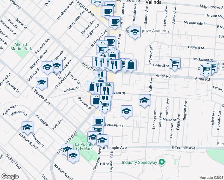 map of restaurants, bars, coffee shops, grocery stores, and more near 15435 Loukelton Street in La Puente