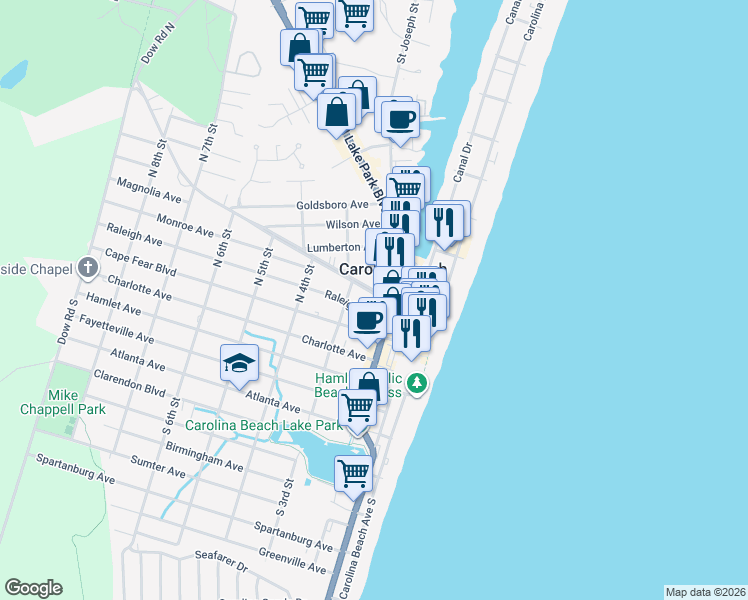 map of restaurants, bars, coffee shops, grocery stores, and more near 213 Harper Avenue in Carolina Beach