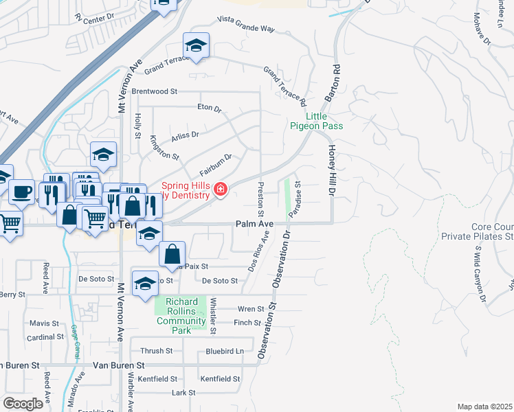 map of restaurants, bars, coffee shops, grocery stores, and more near 12046 Preston Street in Grand Terrace