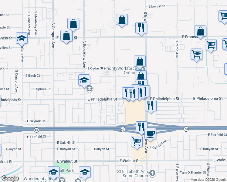 map of restaurants, bars, coffee shops, grocery stores, and more near 2310 South Cucamonga Avenue in Ontario