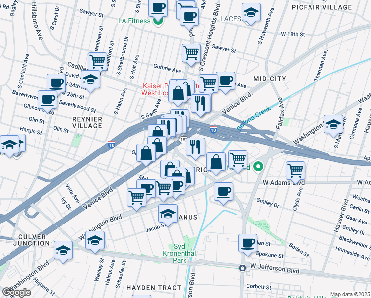 map of restaurants, bars, coffee shops, grocery stores, and more near 6076 Comey Avenue in Los Angeles