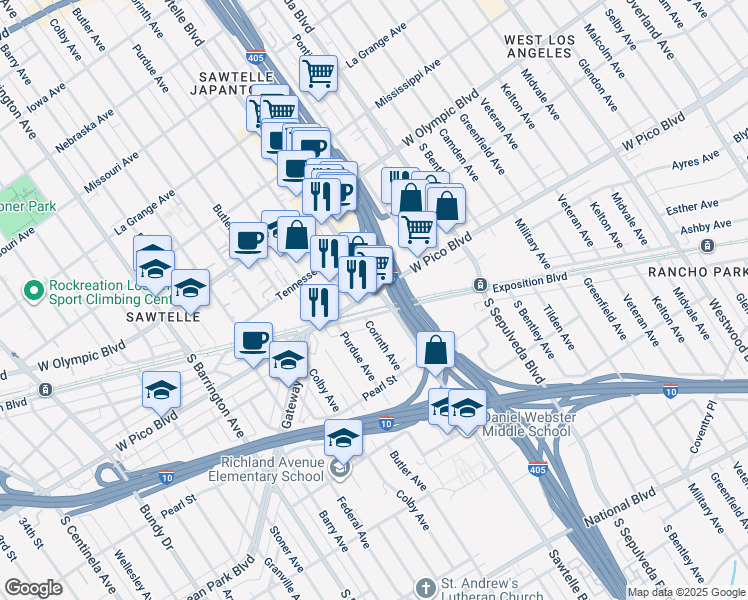 map of restaurants, bars, coffee shops, grocery stores, and more near 1522 Sawtelle Boulevard in Los Angeles