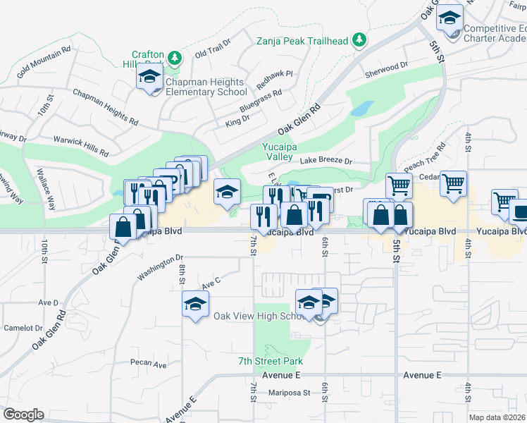 map of restaurants, bars, coffee shops, grocery stores, and more near 33933 Pinehurst Drive in Yucaipa