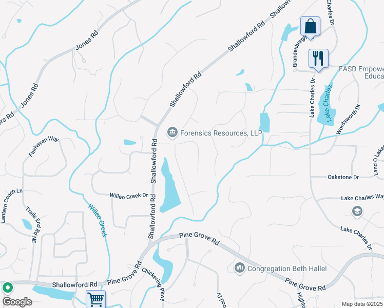 map of restaurants, bars, coffee shops, grocery stores, and more near 295 Lakemont Drive in Roswell