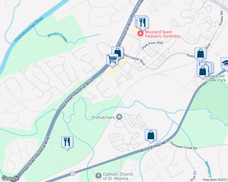 map of restaurants, bars, coffee shops, grocery stores, and more near 3615 Oak Park Drive in Suwanee