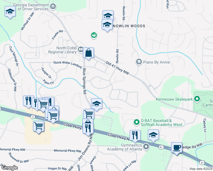 map of restaurants, bars, coffee shops, grocery stores, and more near 2948 Albright Commons in Kennesaw