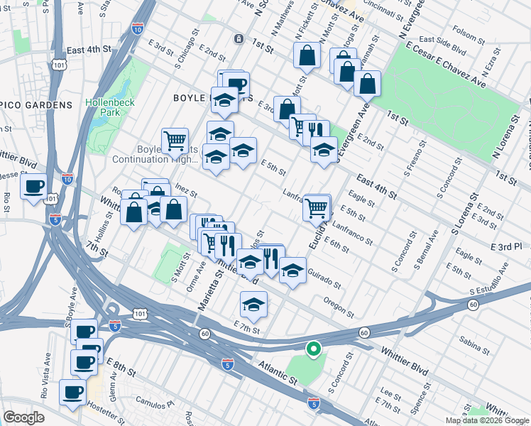map of restaurants, bars, coffee shops, grocery stores, and more near 609 Camulos Street in Los Angeles