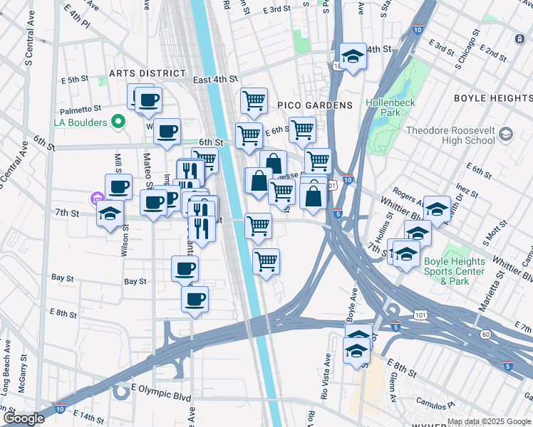 map of restaurants, bars, coffee shops, grocery stores, and more near 2185 East 7th Street in Los Angeles