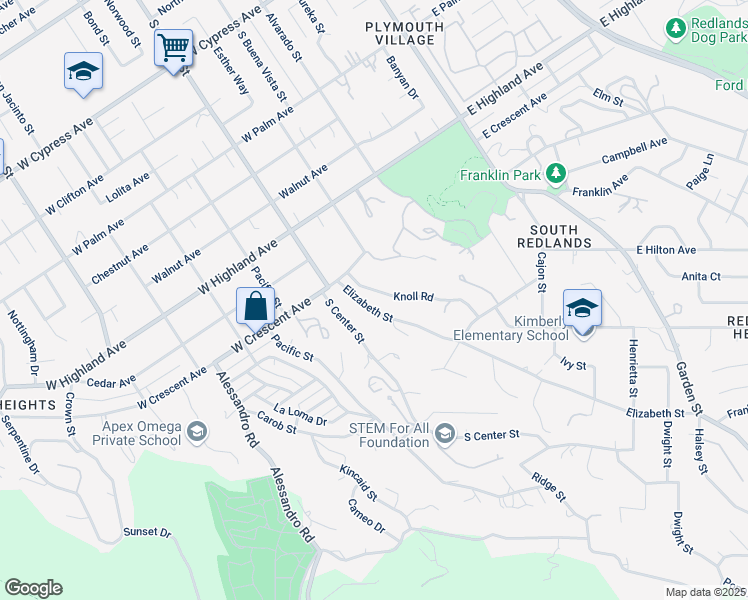 map of restaurants, bars, coffee shops, grocery stores, and more near 1320 Knoll Road in Redlands