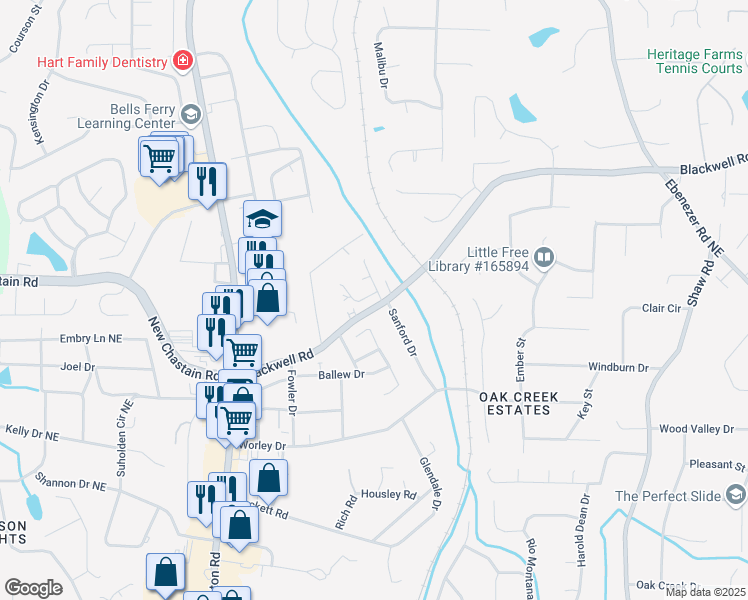 map of restaurants, bars, coffee shops, grocery stores, and more near 979 Leeds Castle Way in Marietta