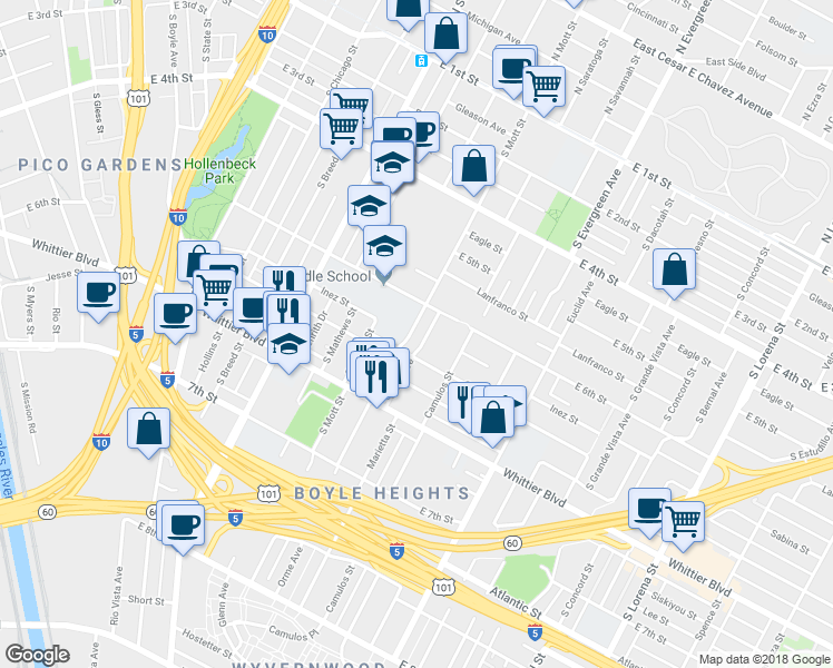 map of restaurants, bars, coffee shops, grocery stores, and more near 632 South Mott Street in Los Angeles