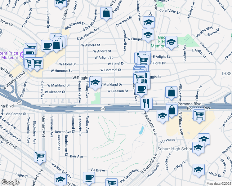 map of restaurants, bars, coffee shops, grocery stores, and more near 260 West Gleason Street in Monterey Park