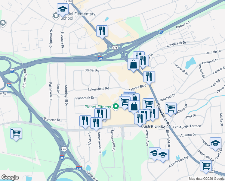 map of restaurants, bars, coffee shops, grocery stores, and more near 1118 Bakersfield Road in Columbia