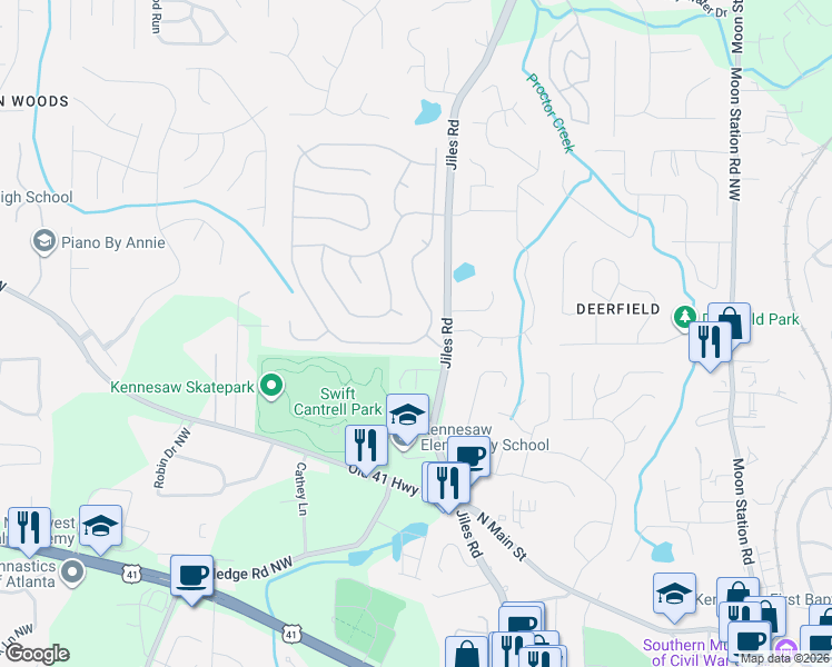 map of restaurants, bars, coffee shops, grocery stores, and more near 3463 English Oaks Drive Northwest in Kennesaw
