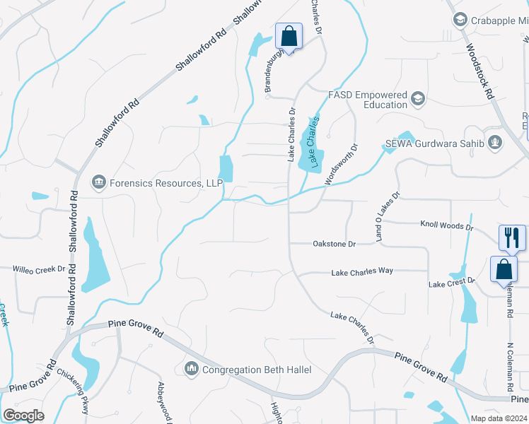 map of restaurants, bars, coffee shops, grocery stores, and more near 735 Charleston Drive in Roswell