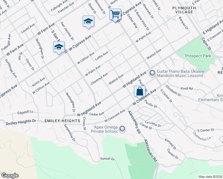 map of restaurants, bars, coffee shops, grocery stores, and more near 1025 San Jacinto Street in Redlands