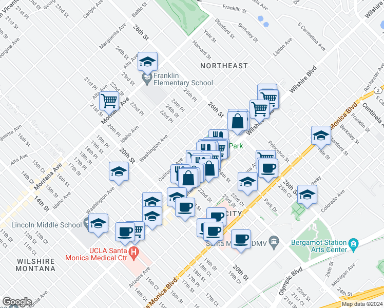 map of restaurants, bars, coffee shops, grocery stores, and more near 2312 California Avenue in Santa Monica