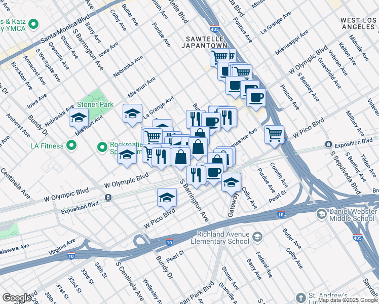 map of restaurants, bars, coffee shops, grocery stores, and more near in Los Angeles