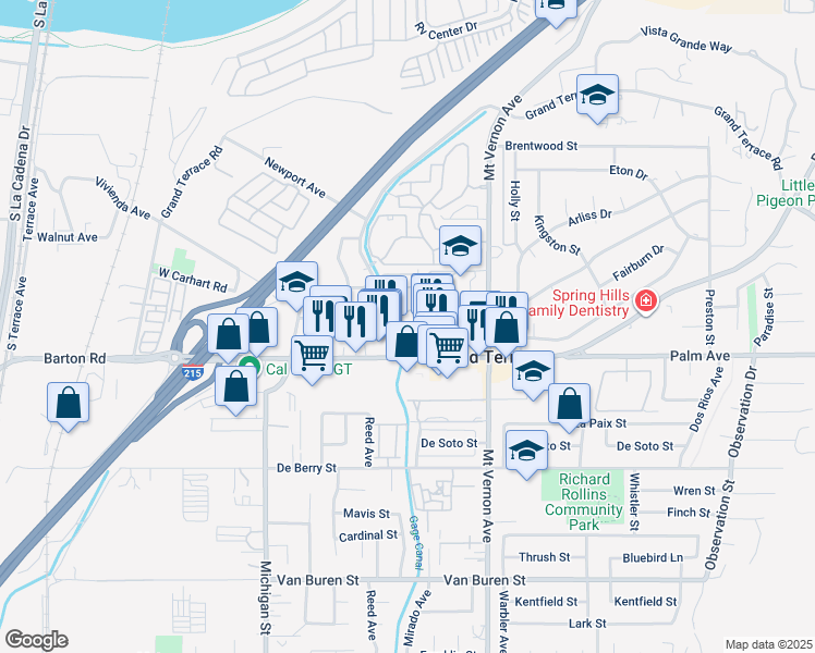 map of restaurants, bars, coffee shops, grocery stores, and more near 12009 Aspen Circle in Grand Terrace