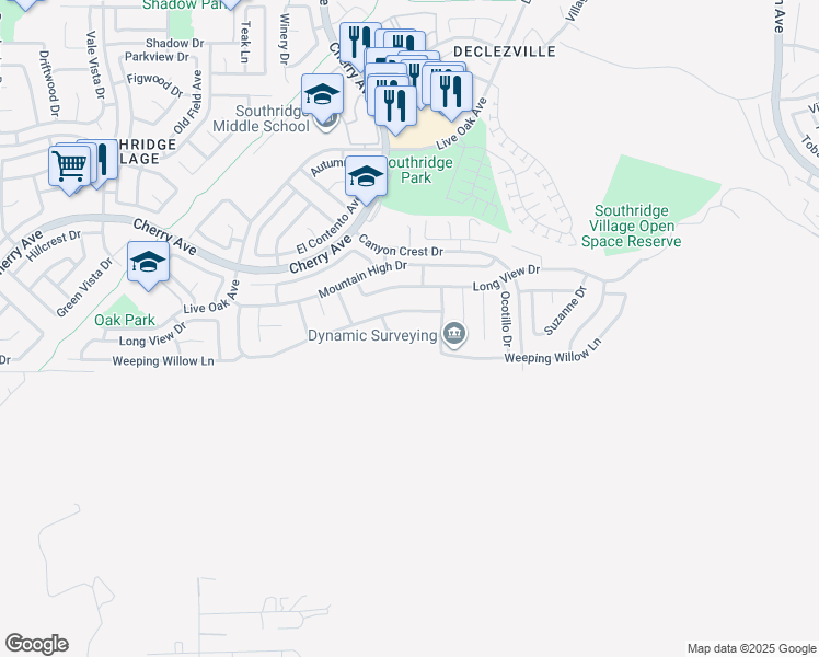 map of restaurants, bars, coffee shops, grocery stores, and more near 14632 Appian Way in Fontana