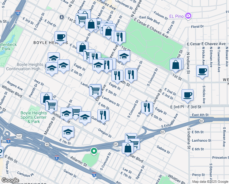 map of restaurants, bars, coffee shops, grocery stores, and more near 3041 East 5th Street in Los Angeles