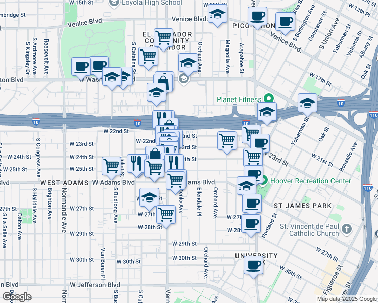 map of restaurants, bars, coffee shops, grocery stores, and more near 1430 West 23rd Street in Los Angeles