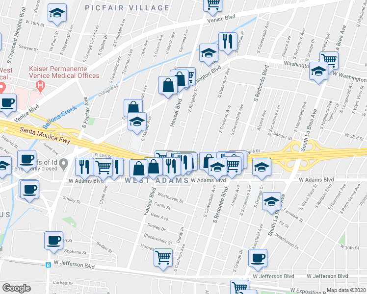 map of restaurants, bars, coffee shops, grocery stores, and more near 2404 1/4 South Ridgeley Drive in Los Angeles