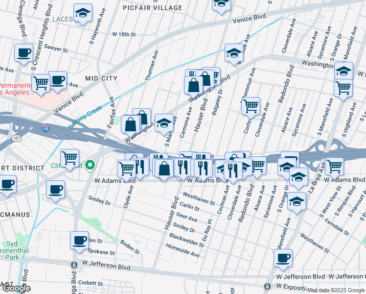 map of restaurants, bars, coffee shops, grocery stores, and more near in Los Angeles