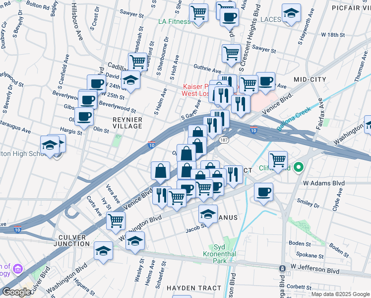 map of restaurants, bars, coffee shops, grocery stores, and more near 2641 Chariton Street in Los Angeles