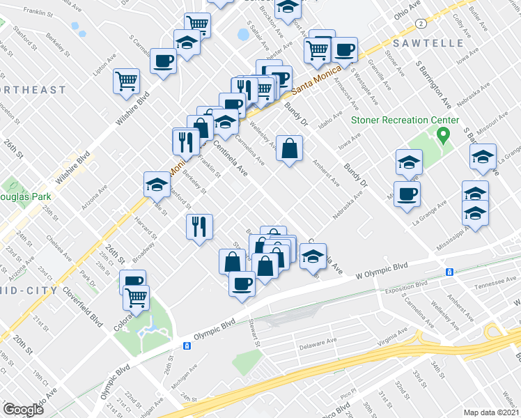 map of restaurants, bars, coffee shops, grocery stores, and more near 1633 Centinela Avenue in Santa Monica