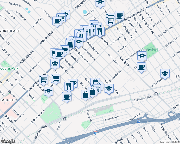 map of restaurants, bars, coffee shops, grocery stores, and more near 1633 Centinela Avenue in Santa Monica