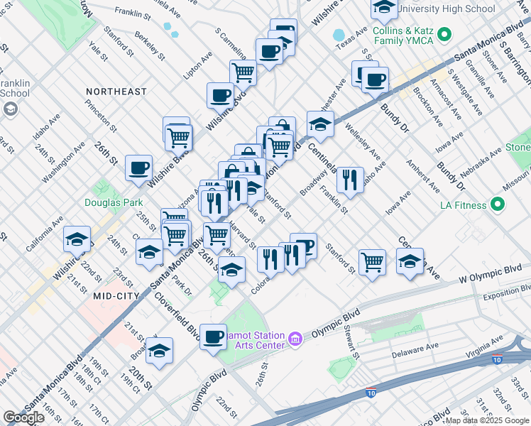 map of restaurants, bars, coffee shops, grocery stores, and more near 1437C Yale Street in Santa Monica
