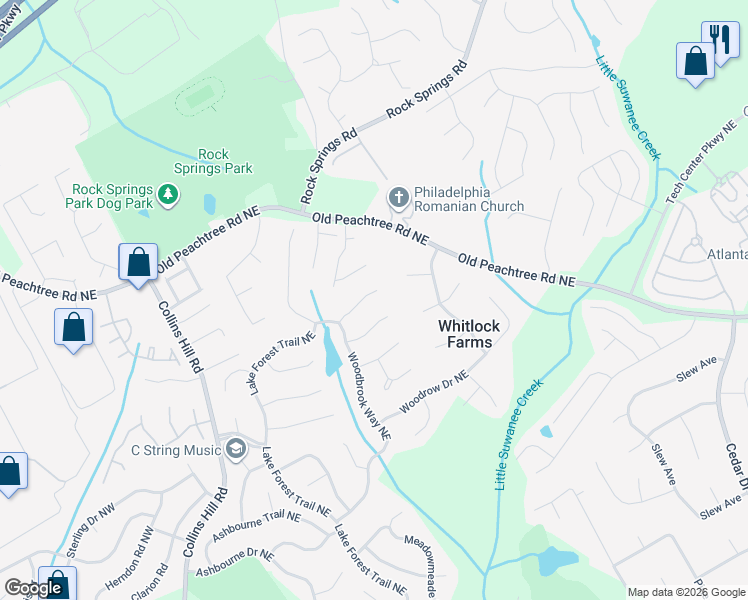 map of restaurants, bars, coffee shops, grocery stores, and more near 565 White Ridge Trce Northeast in Lawrenceville