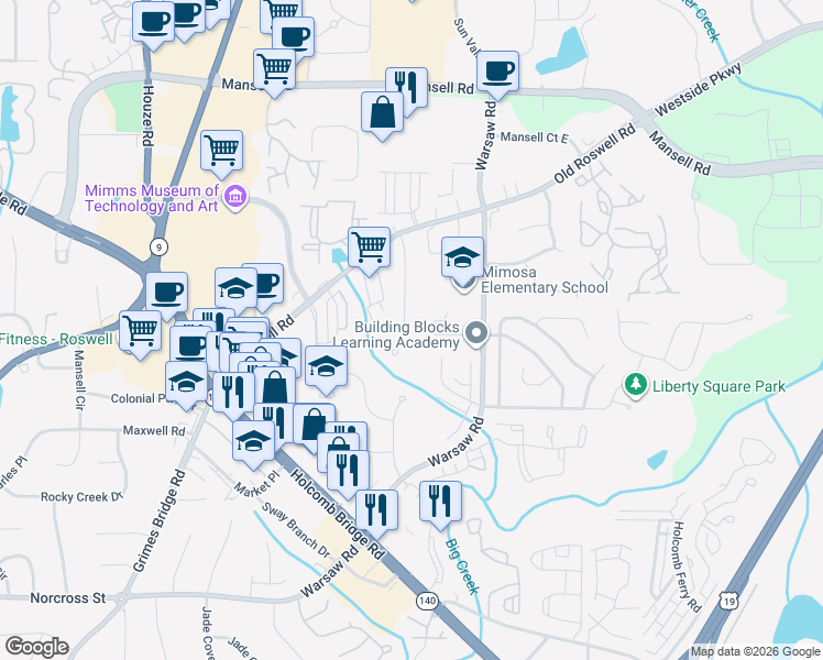 map of restaurants, bars, coffee shops, grocery stores, and more near 1150 Old Forge Drive in Roswell