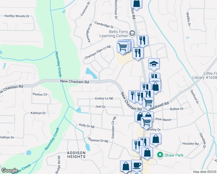 map of restaurants, bars, coffee shops, grocery stores, and more near 3350 Chastain Ridge Drive in Marietta