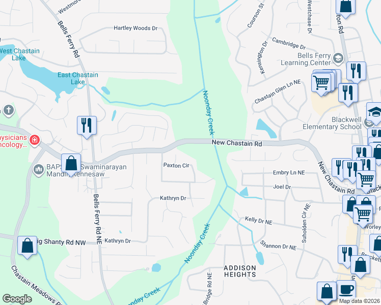 map of restaurants, bars, coffee shops, grocery stores, and more near 307 Paxton Circle in Marietta