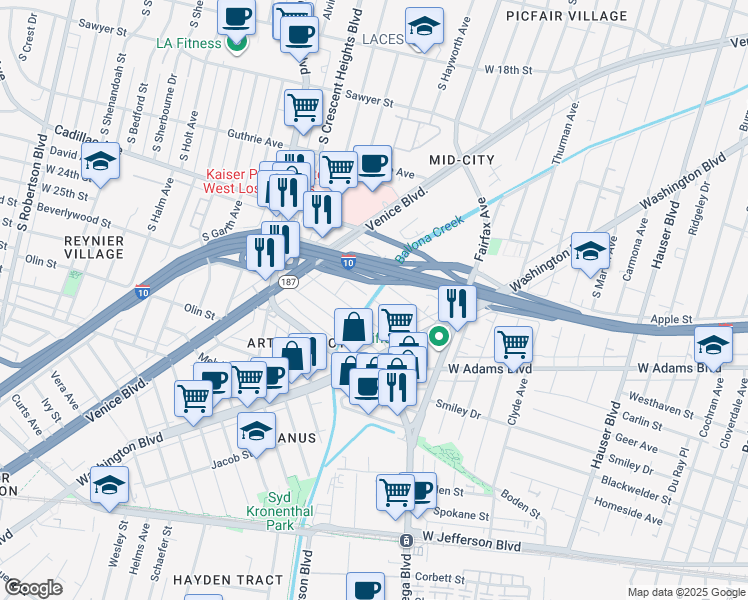 map of restaurants, bars, coffee shops, grocery stores, and more near Ernest Avenue in Los Angeles