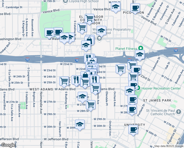 map of restaurants, bars, coffee shops, grocery stores, and more near 2308 South Vermont Avenue in Los Angeles