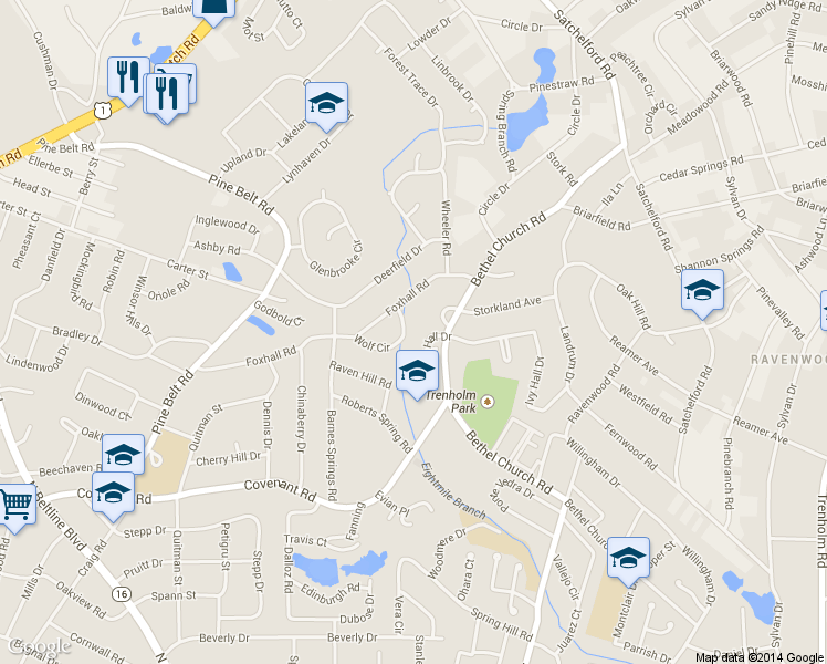 map of restaurants, bars, coffee shops, grocery stores, and more near 3548 Wolf Circle in Columbia