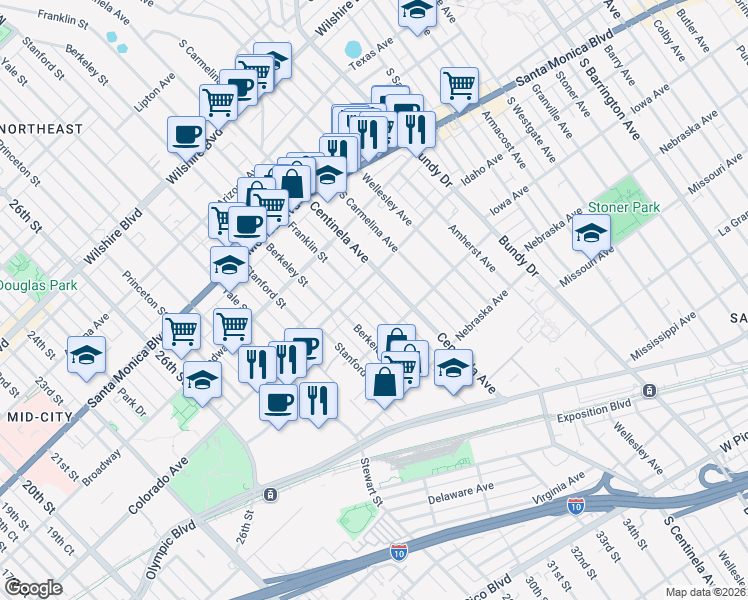 map of restaurants, bars, coffee shops, grocery stores, and more near 1621 Franklin Street in Santa Monica